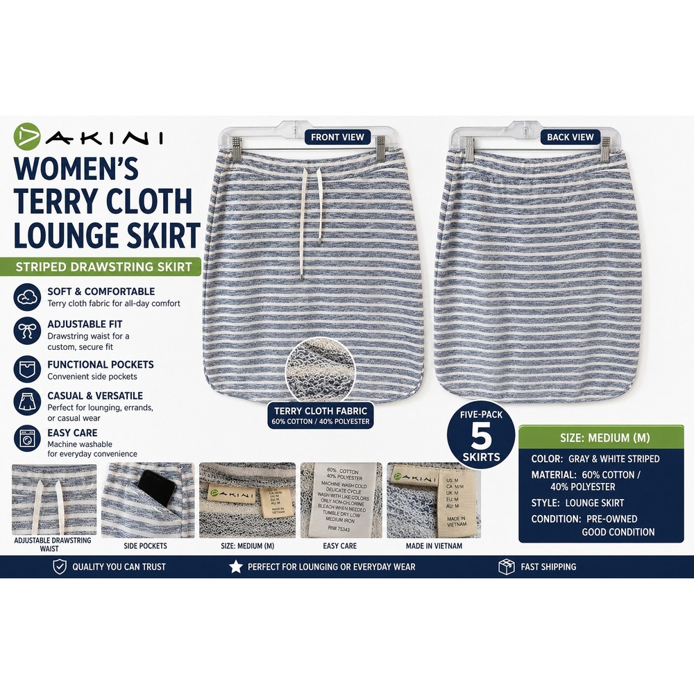 Dakini Womens Grey‎ White Striped French Terry Mini Skirt Size M Drawstring Knit